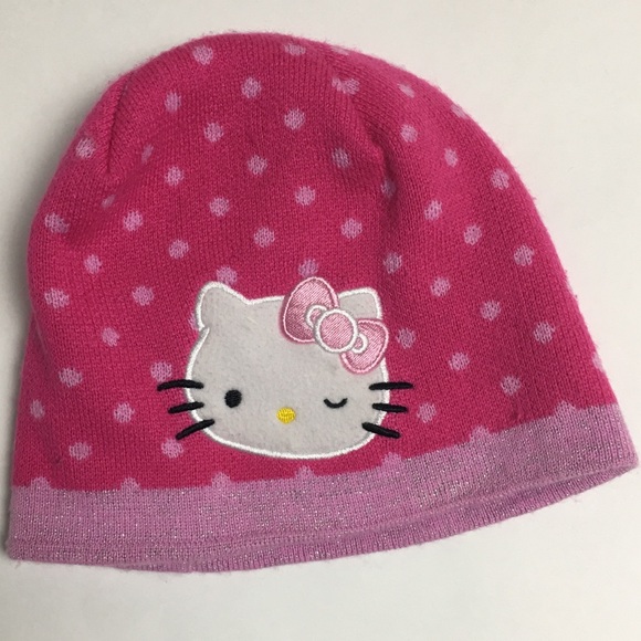 Girl/'s Hello Kitty Knit Beanie Hat Cap One Size Fits Most Pink Polka Dot Sanrio